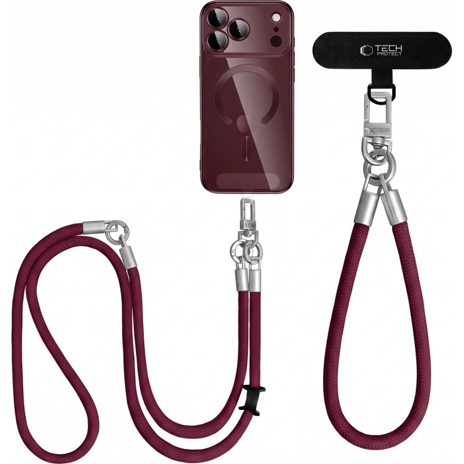 Uniwersalna smycz do telefonu Tech-Protect C10S Rope Crossbody & Wrist, Burgundy Titanium (burgundowy)
