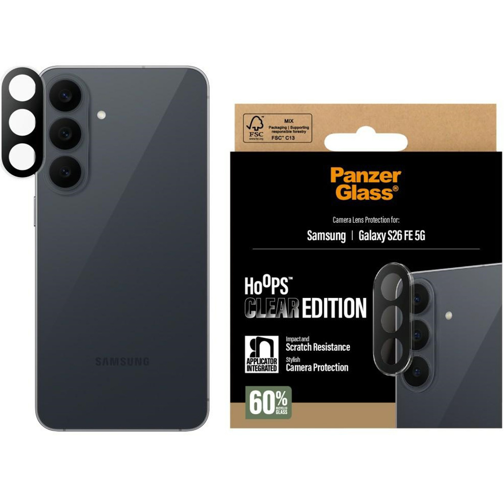 Pojedyncze lensy ze szkła hartowanego i aluminium na aparat z aplikatorem PanzerGlass Hoops do Galaxy S26 FE, Transparent (przezroczysty)