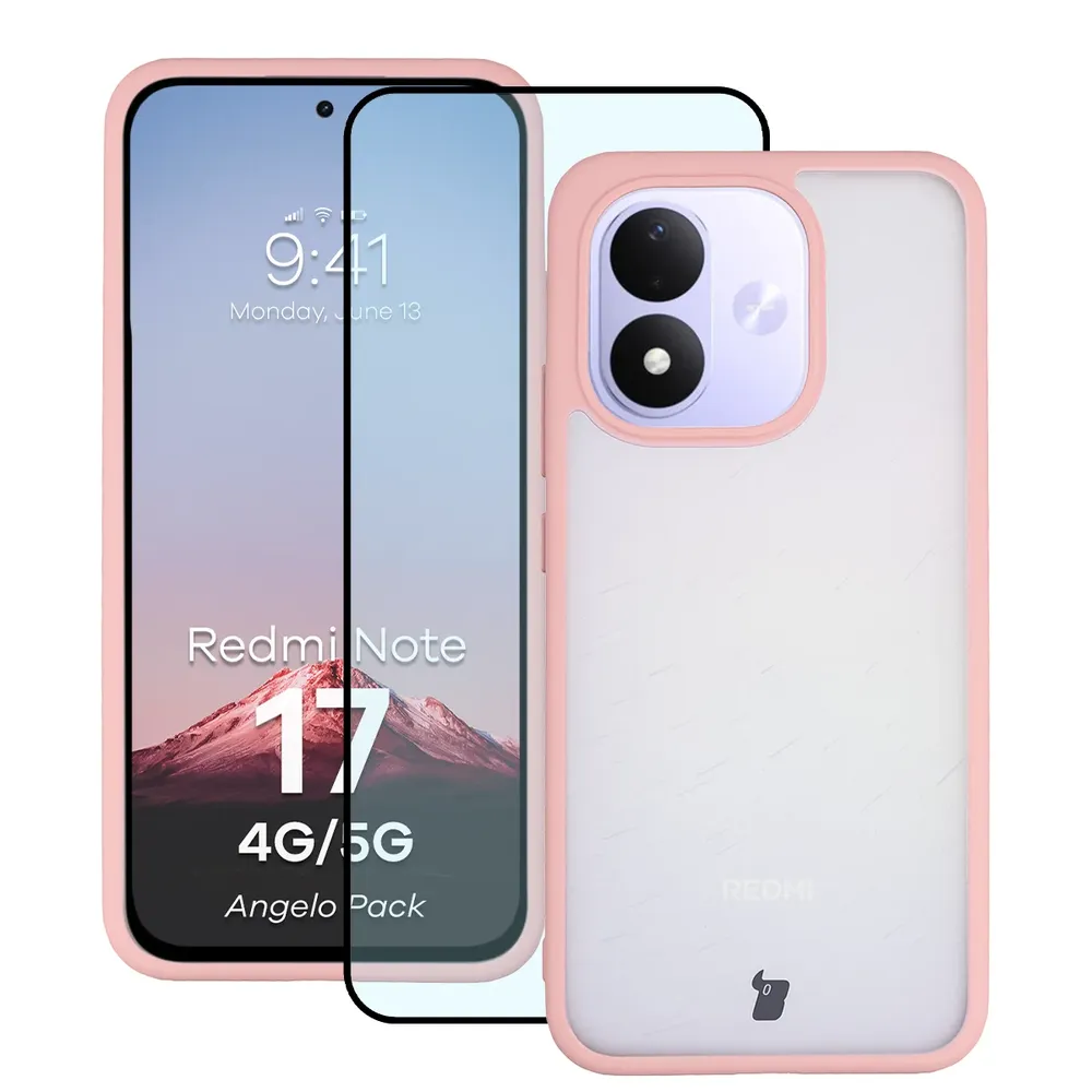 Przód pudełka Bizon Case Angelo Pack z dedykowaną etykietą do Xiaomi Redmi Note 17 5G / 4G