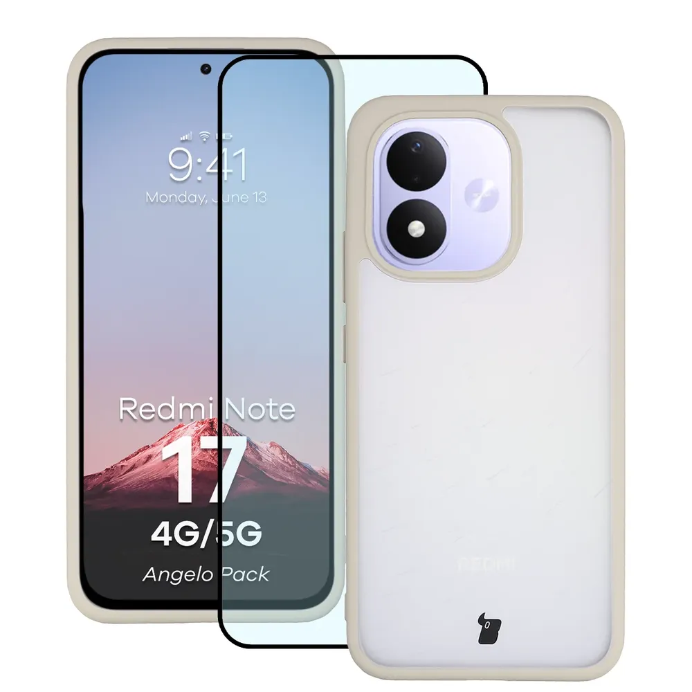 Przód pudełka Bizon Case Angelo Pack z dedykowaną etykietą do Xiaomi Redmi Note 17 5G / 4G