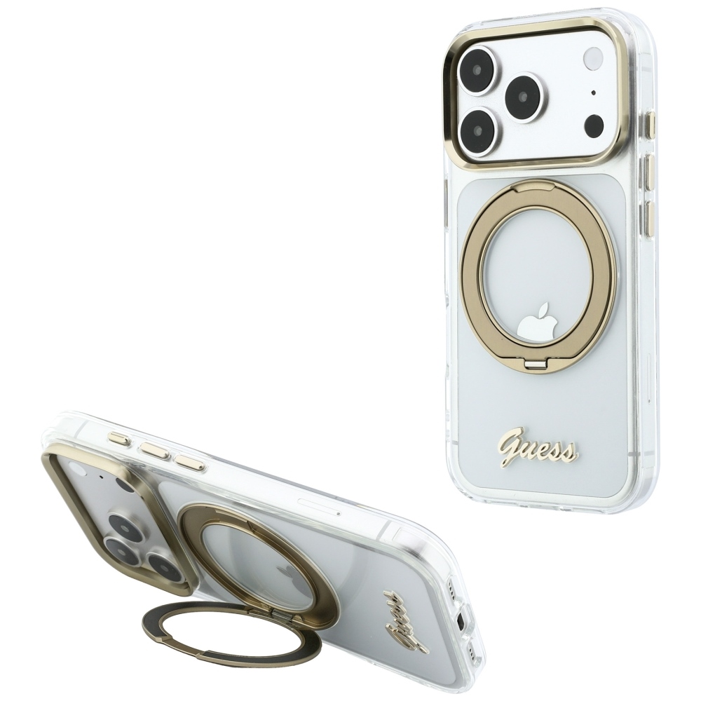 Guess IML Ring Stand 360 Script Metal Logo eleganckie modne etui ochronne pokrowiec do telefonu premium Clear (przezroczysty)