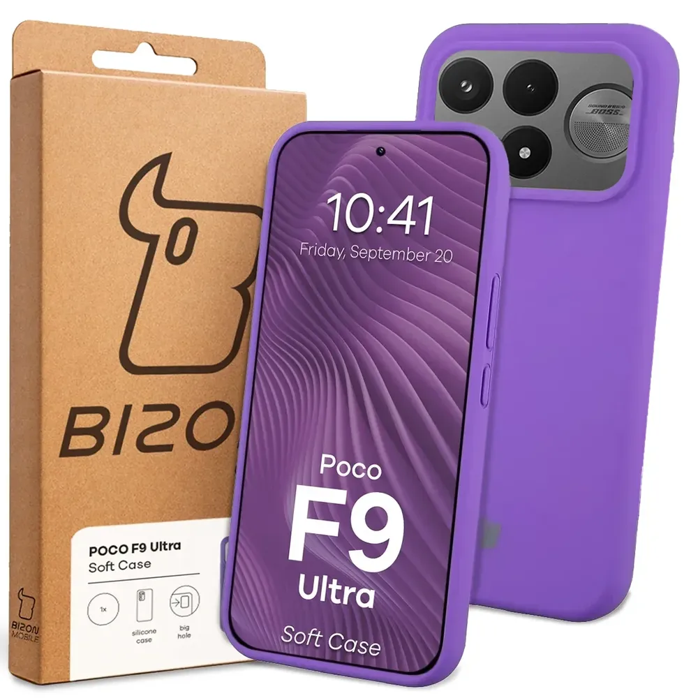 Przód pudełka Bizon Case z dedykowaną etykietą do Xiaomi POCO F9 Ultra