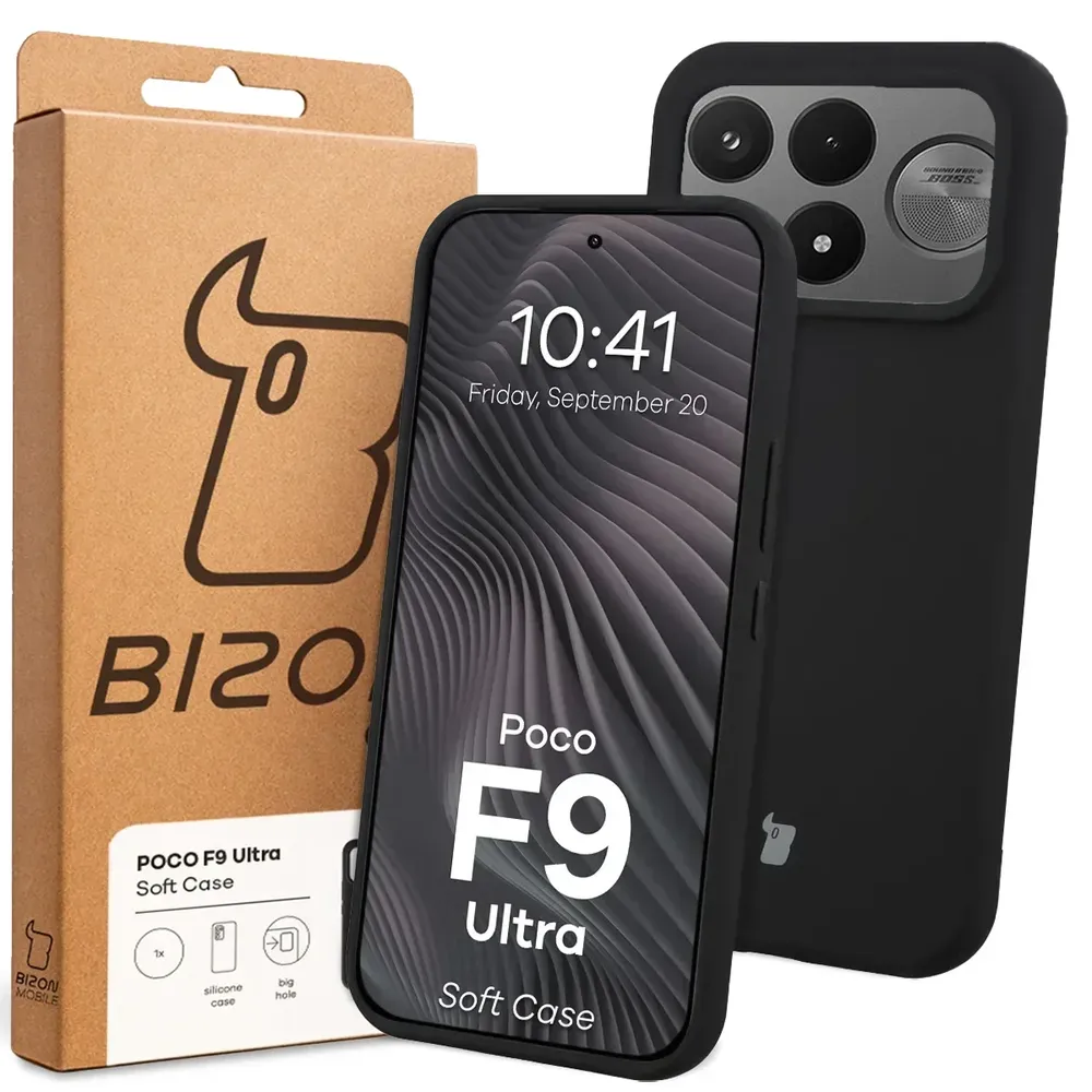Przód pudełka Bizon Case z dedykowaną etykietą do Xiaomi POCO F9 Ultra