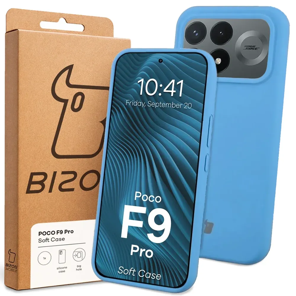 Przód pudełka Bizon Case z dedykowaną etykietą do Xiaomi POCO F9 Pro