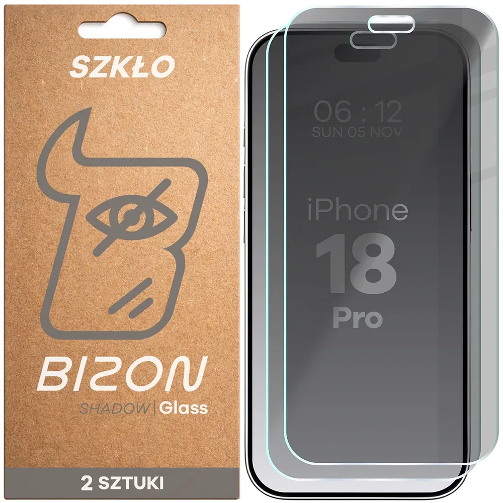 Pudełko i szkło prywatyzujące Bizon Glass Clear Shadow Duo do iPhone 18 Pro