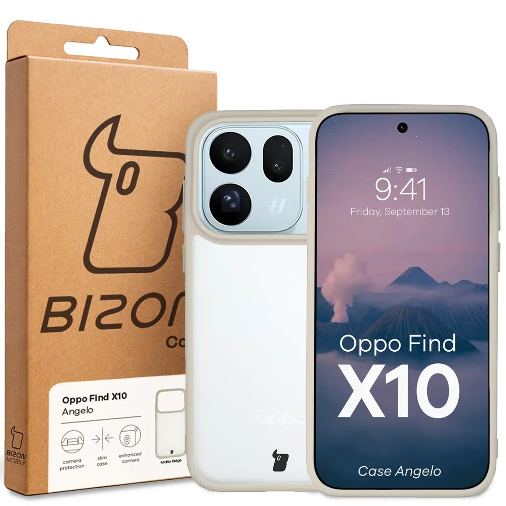 Przód pudełka Bizon Case z dedykowaną etykietą do OPPO Find X10