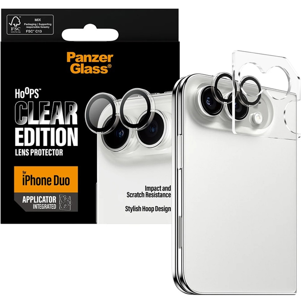 Pojedyncze lensy ze szkła hartowanego i aluminium na aparat z aplikatorem PanzerGlass Hoops do iPhone Duo, Transparent (przezroczysty)