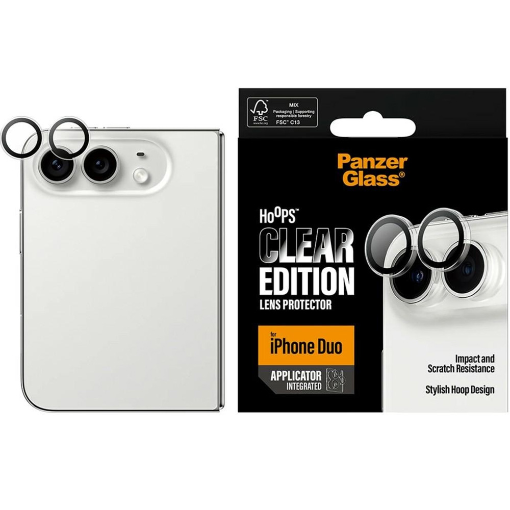 Pojedyncze lensy ze szkła hartowanego i aluminium na aparat z aplikatorem PanzerGlass Hoops do iPhone Duo, Transparent (przezroczysty)