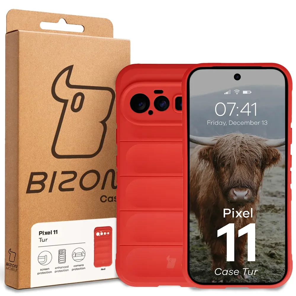 Przód pudełka Bizon Case z dedykowaną etykietą do Google Pixel 11