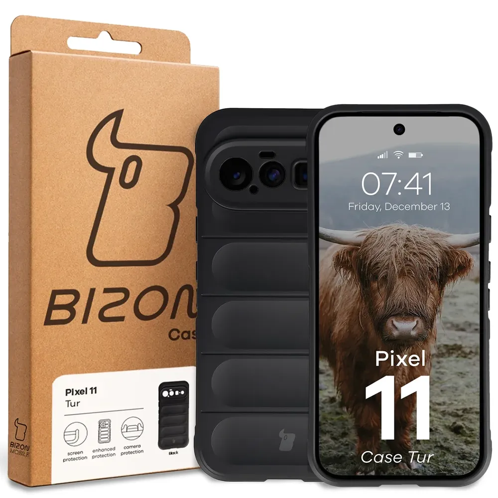 Przód pudełka Bizon Case z dedykowaną etykietą do Google Pixel 11