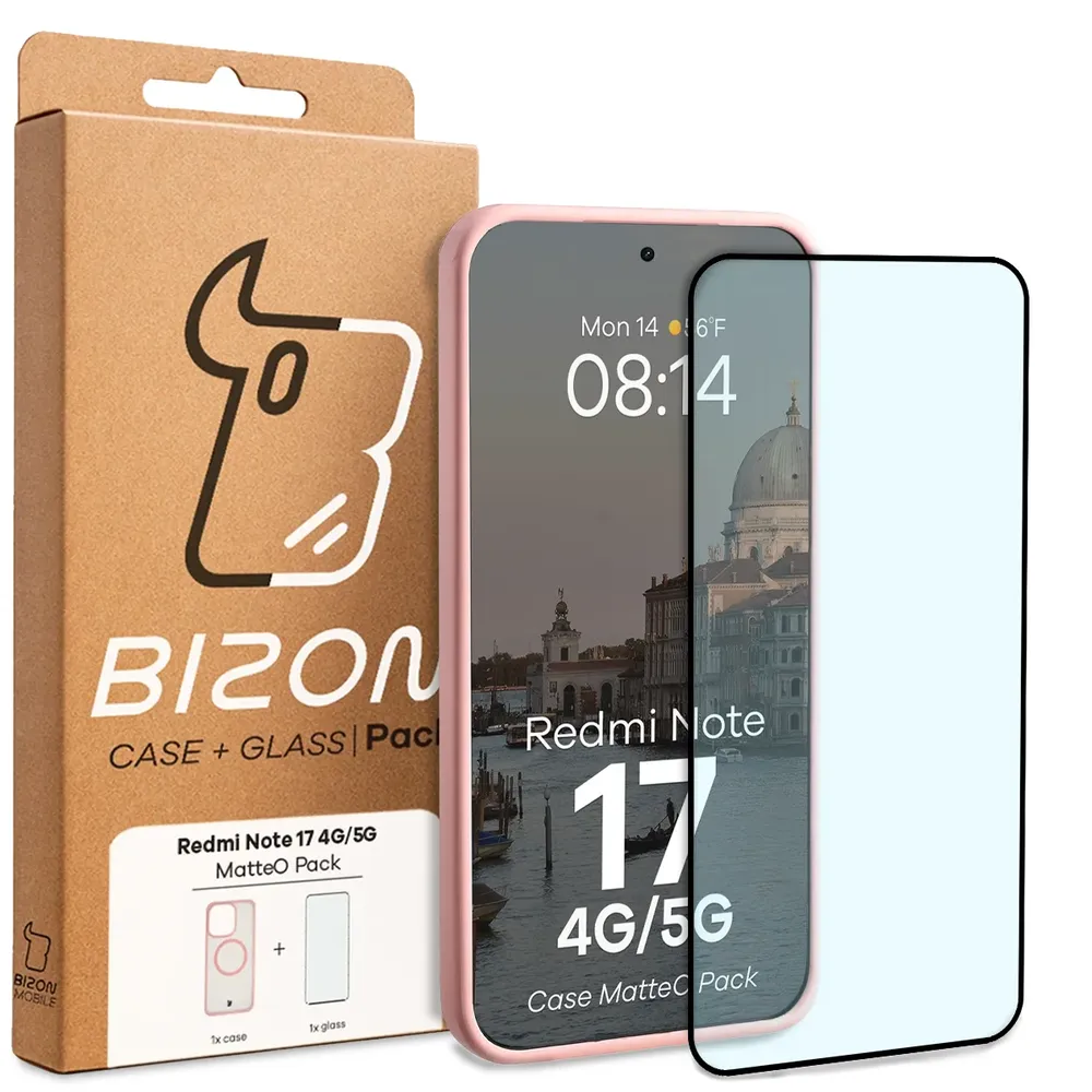 Przód pudełka Bizon Case Matteo Pack z dedykowaną etykietą do Xiaomi Redmi Note 17 4G/5G