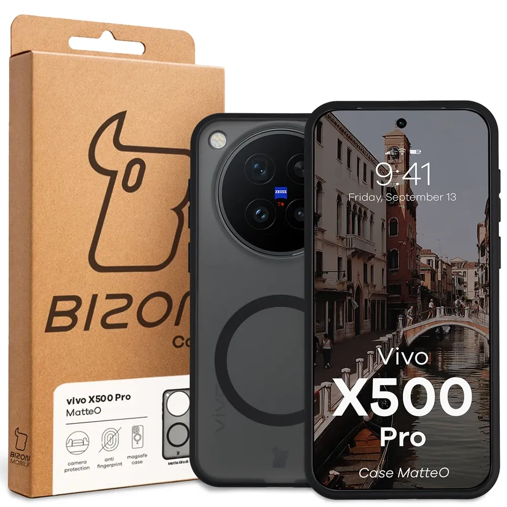 Przód pudełka Bizon Case z dedykowaną etykietą do Vivo X500 Pro