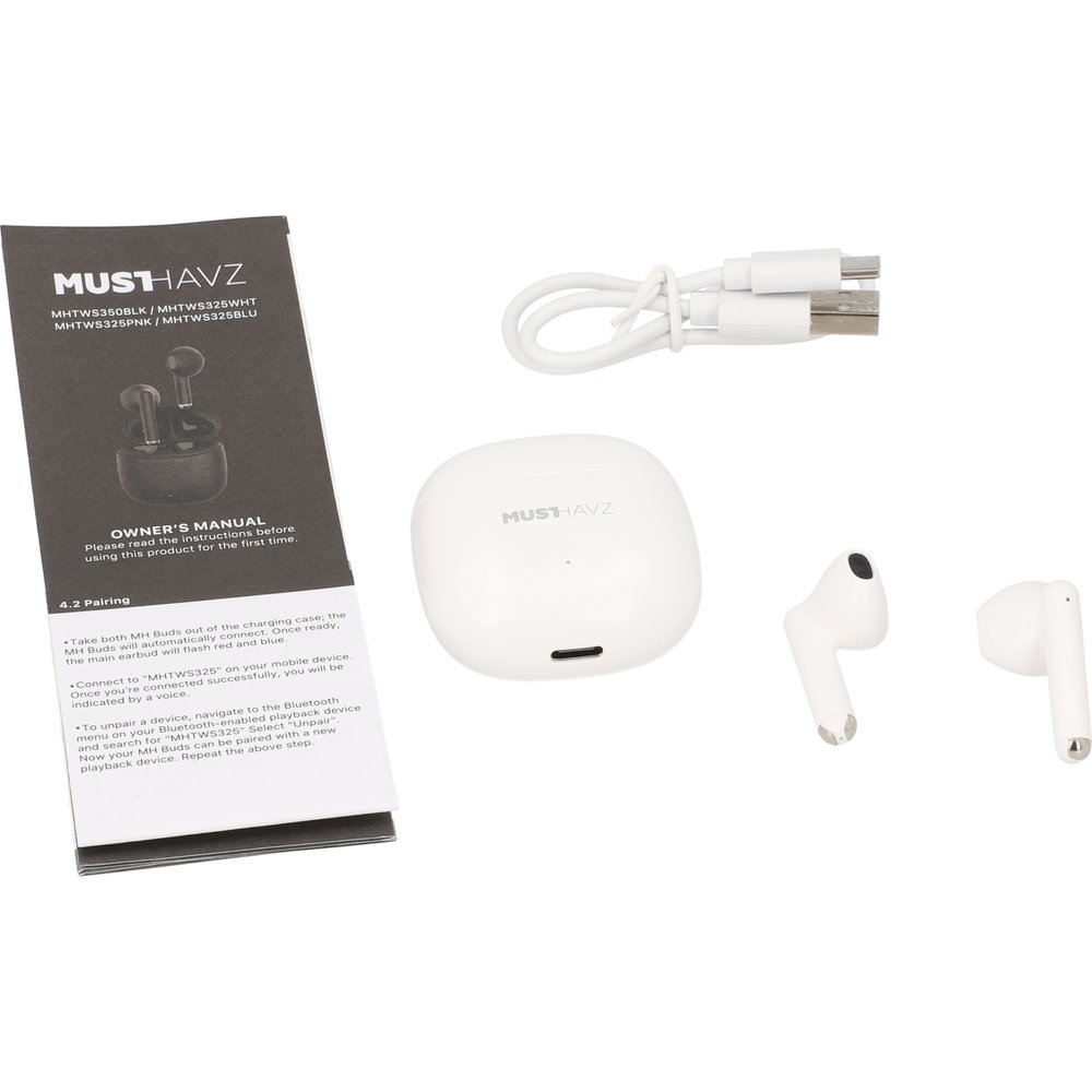 Musthavz True Wireless Earphone Lite, kompaktowe słuchawki z etui ładującym wskaźnikami LED, White (biały)