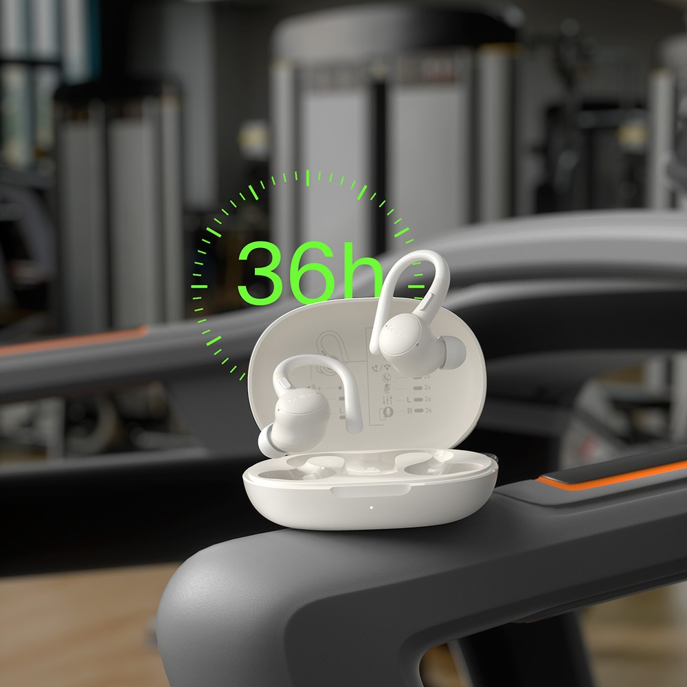 Bezprzewodowe słuchawki douszne z mikrofonem Belkin SoundForm ActiveFit, Sand (beżowy)