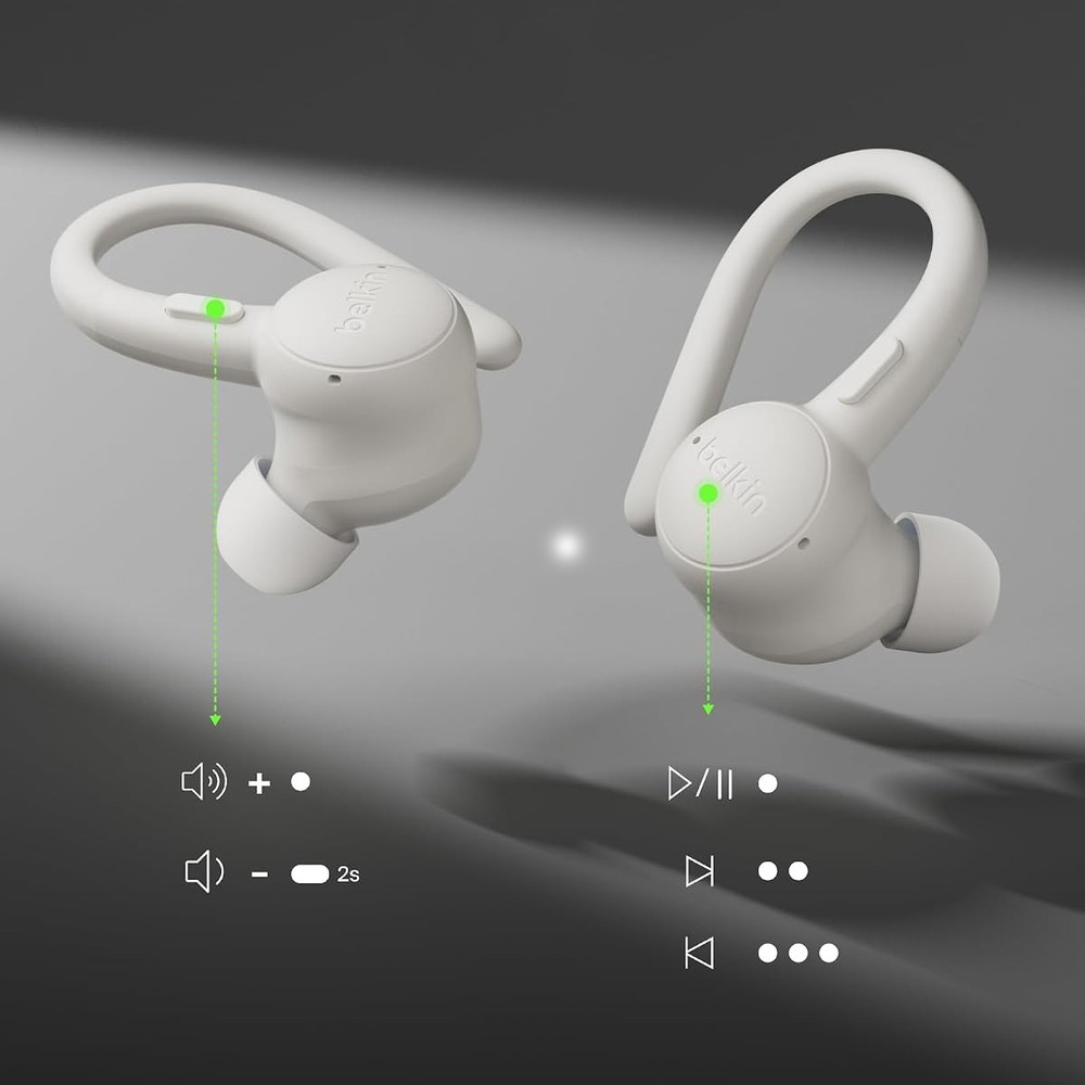 Bezprzewodowe słuchawki douszne z mikrofonem Belkin SoundForm ActiveFit, Sand (beżowy)