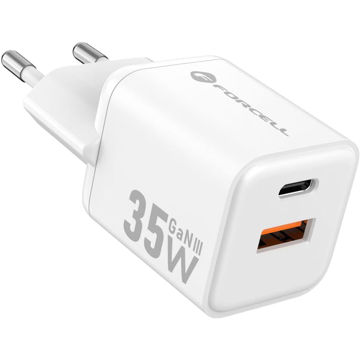 Ładowarka sieciowa GaN USB-C PD, USB-A QC 4.0, 35W, Forcell F-Energy Mini VT-35C, biała