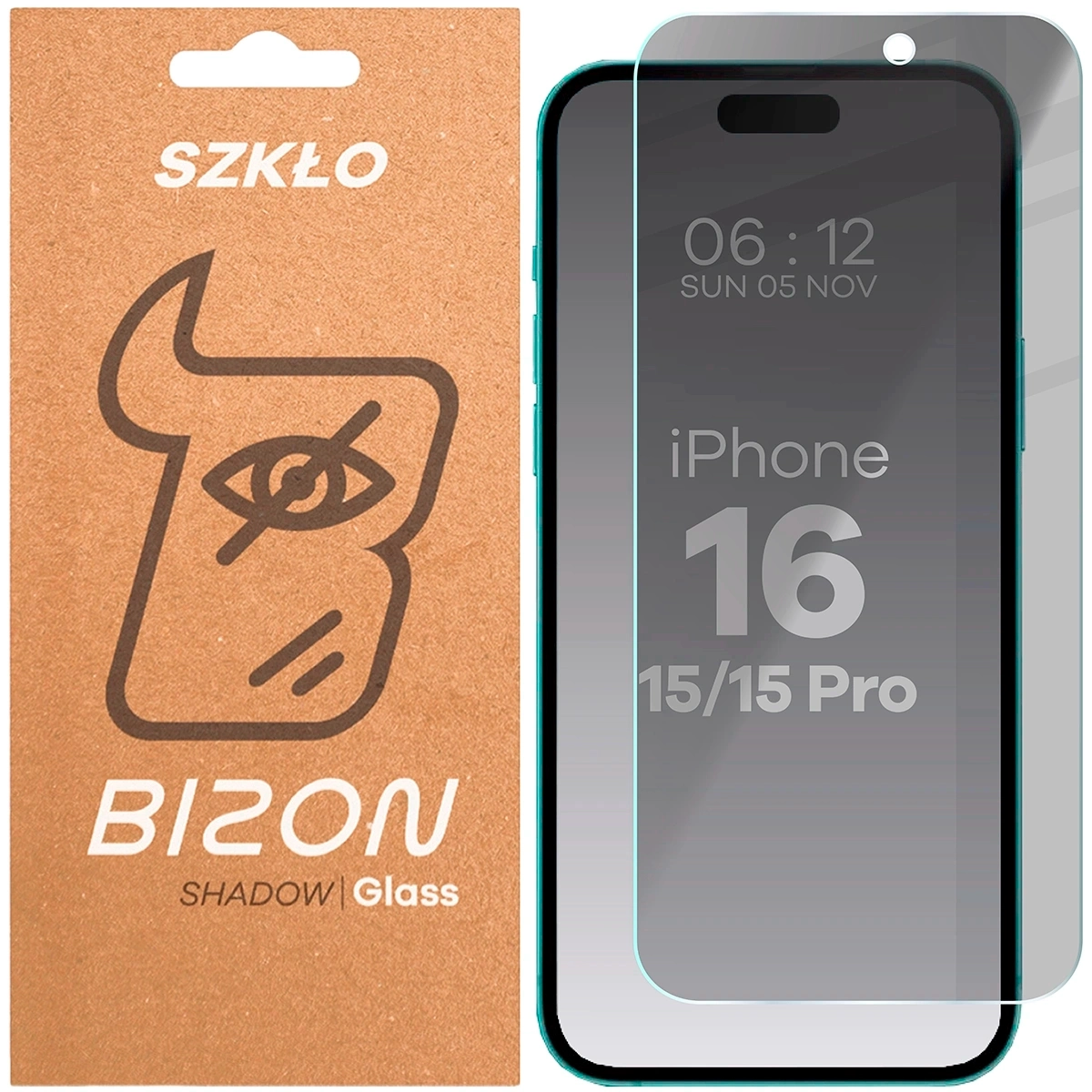 Prywatyzujące szkło hartowane Bizon Glass Clear Shadow do iPhone 16/15/15 Pro, przyciemniane