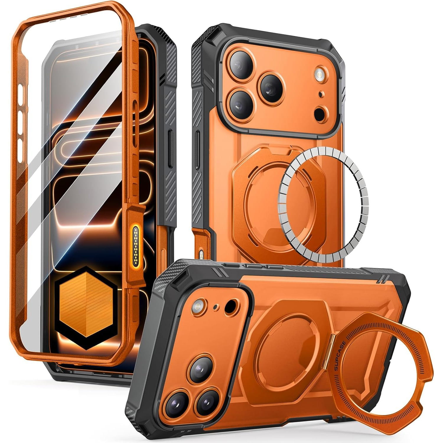Etui pancerne + szkło 9H Supcase UB Grip Pro Mag SPG (CC) do MagSafe do iPhone 17 Pro, szaro-przezroczysto-pomarańczowe
