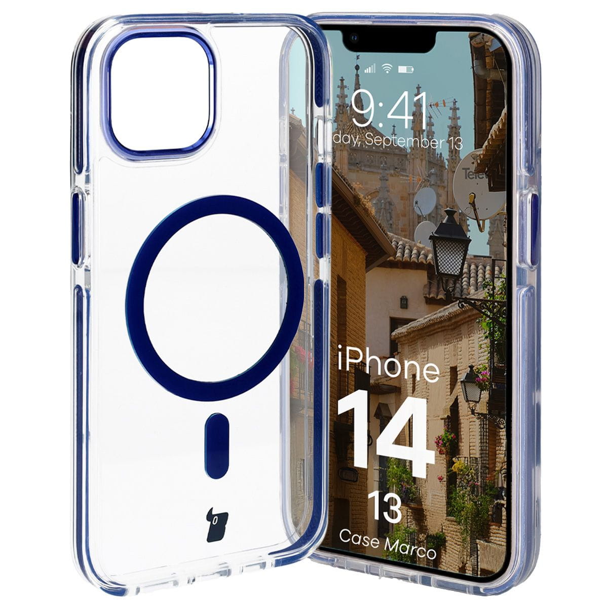Etui z pierścieniem magnetycznym Bizon Case Marco do iPhone 14/13, przezroczyste z niebieską ramką