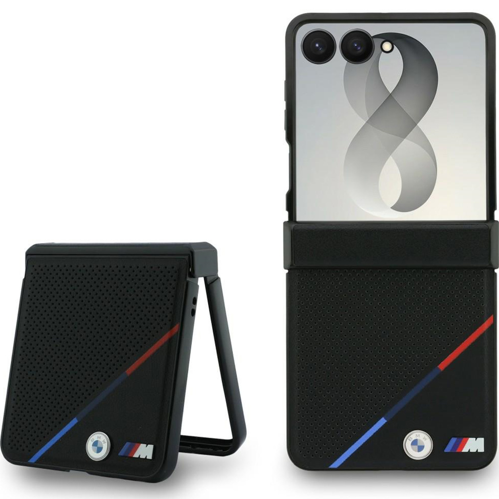 Etui BMW M Leather Perforated Tricolor Stripe Metal Logos MagSafe do Samsung Galaxy Z Flip8, Black (czarny)