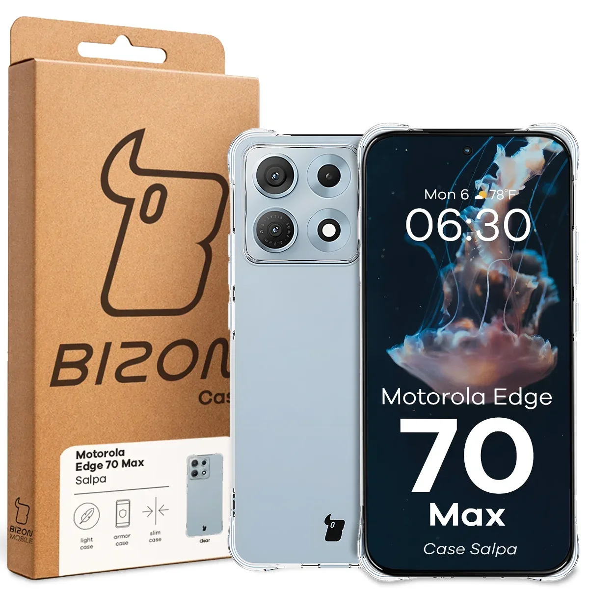 Przód pudełka Bizon Case z dedykowaną etykietą do Motorola Edge 70 Max