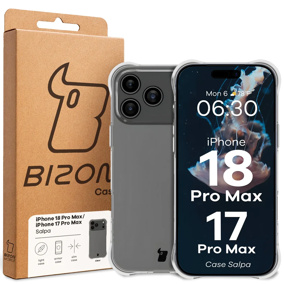Przód pudełka Bizon Case z dedykowaną etykietą do iPhone 18 Pro Max / 17 Pro Max