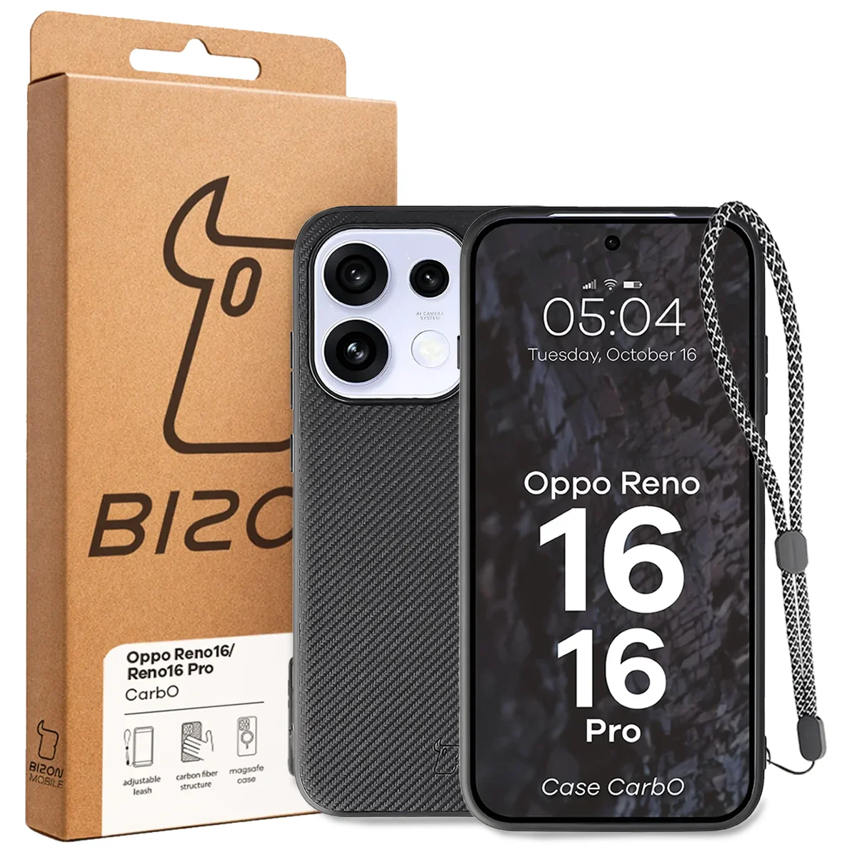 Przód pudełka Bizon Case z dedykowaną etykietą do OPPO Reno16 / Pro
