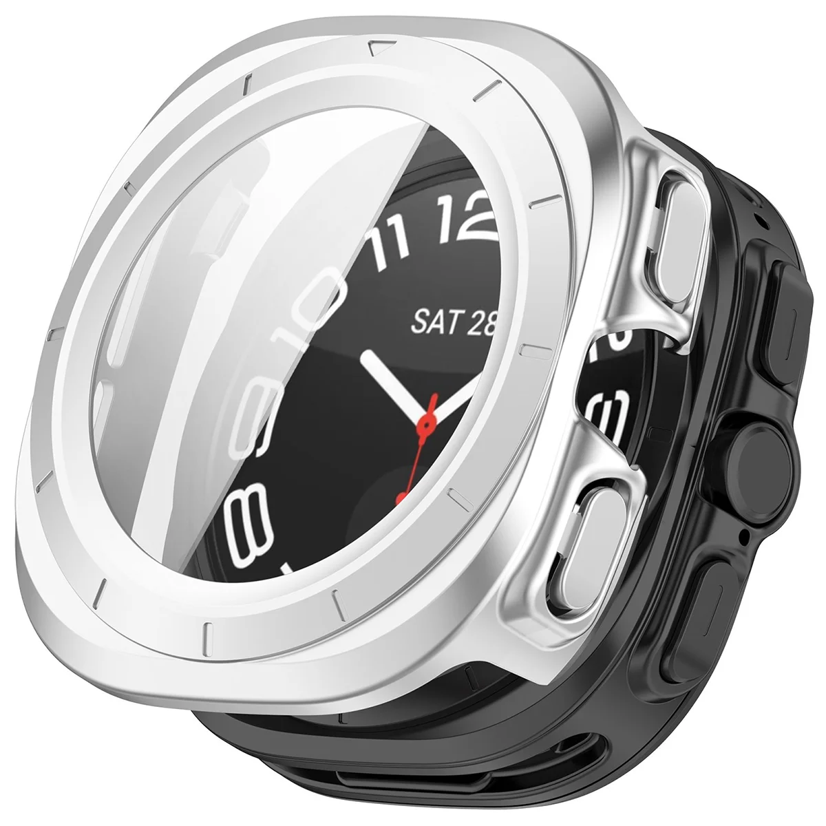 Wizualizacja nakładania etui Bizon Case Watch Adamo do Galaxy Watch Ultra 2 47mm (2026)