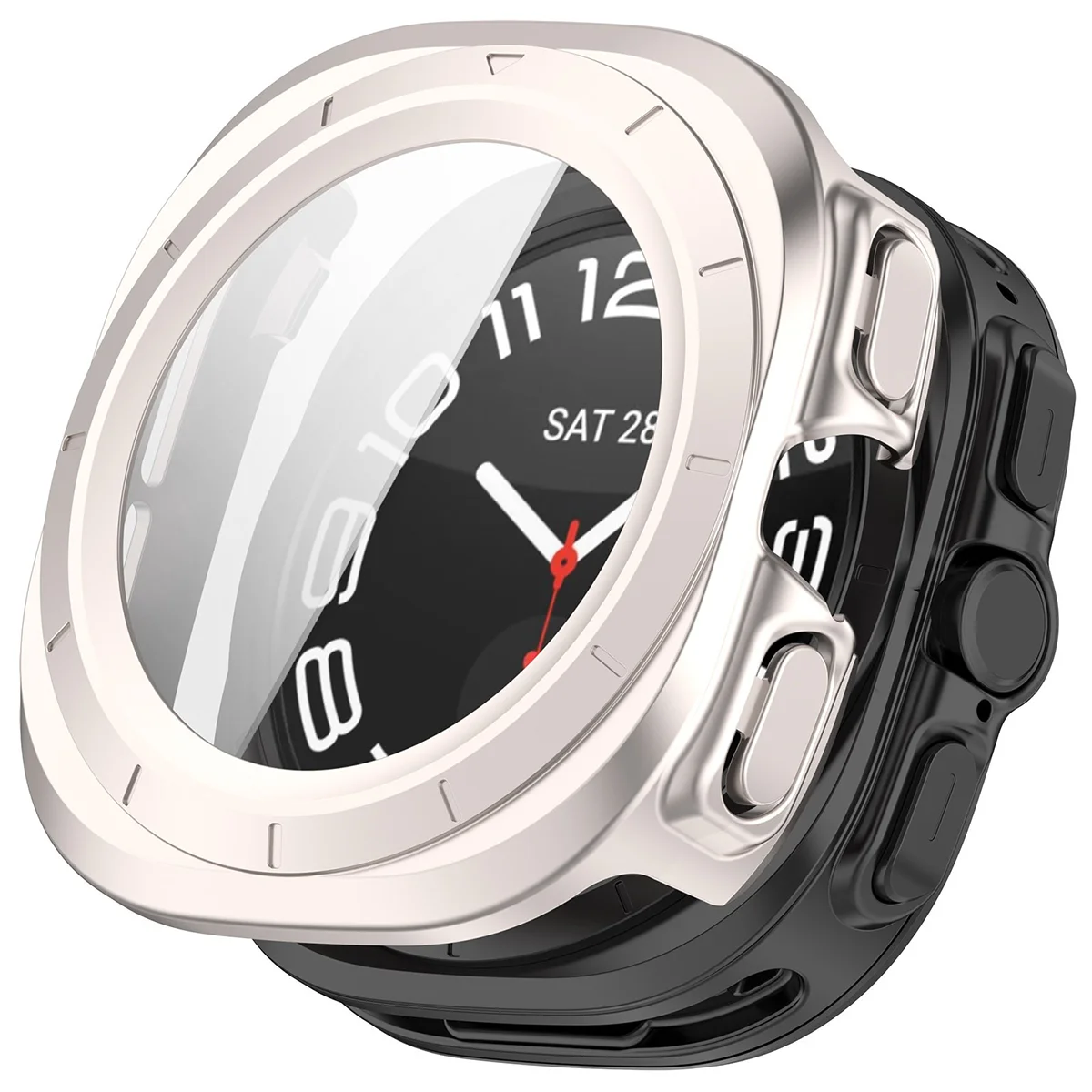 Wizualizacja nakładania etui Bizon Case Watch Adamo do Galaxy Watch Ultra 2 47mm (2026)